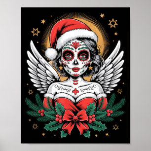 Christmas Sugar Skull Art Woman Santa Hat Festive Poster
