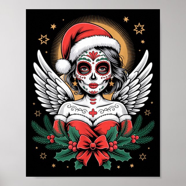 Christmas Sugar Skull Art Woman Santa Hat Festive  Poster (Front)