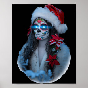 Christmas Sugar Skull Art Woman Santa Hat Festive Poster