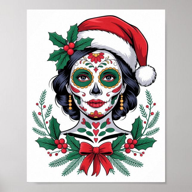 Christmas Sugar Skull Art Woman Santa Hat Festive  Poster (Front)