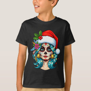 Christmas Sugar Skull Art Woman Santa Hat Festive  T-Shirt