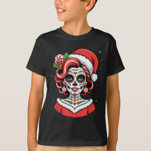 Christmas Sugar Skull Art Woman Santa Hat Festive  T-Shirt
