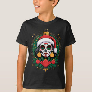 Christmas Sugar Skull Art Woman Santa Hat Festive  T-Shirt