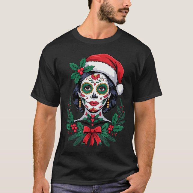 Christmas Sugar Skull Art Woman Santa Hat Festive  T-Shirt (Front)