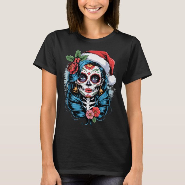 Christmas Sugar Skull Art Woman Santa Hat Festive  T-Shirt (Front)