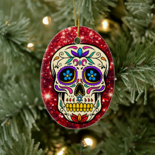 Christmas Sugar Skull Red Glitter  Ceramic Ornament