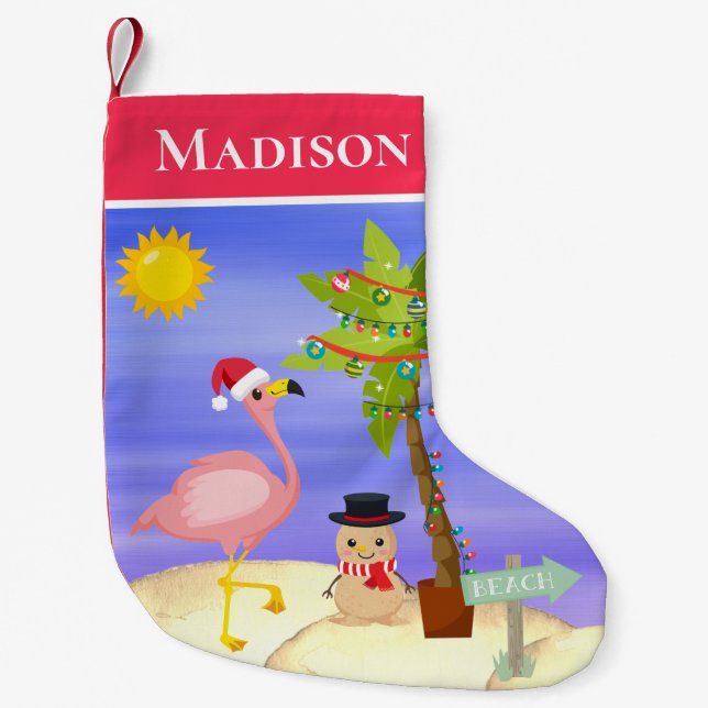 Christmas Summer Flamingo Beach Personalised Name Small Christmas Stocking (Front)