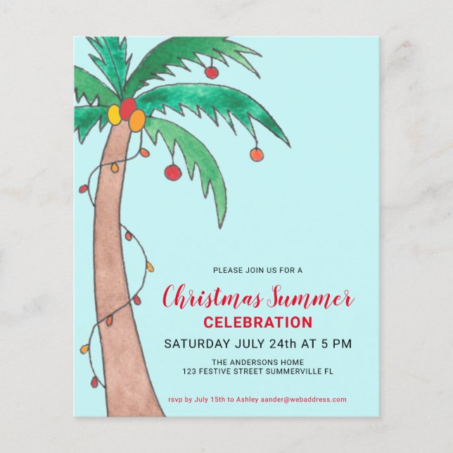 Christmas Summer Party Palm Budget Invitation (Front)