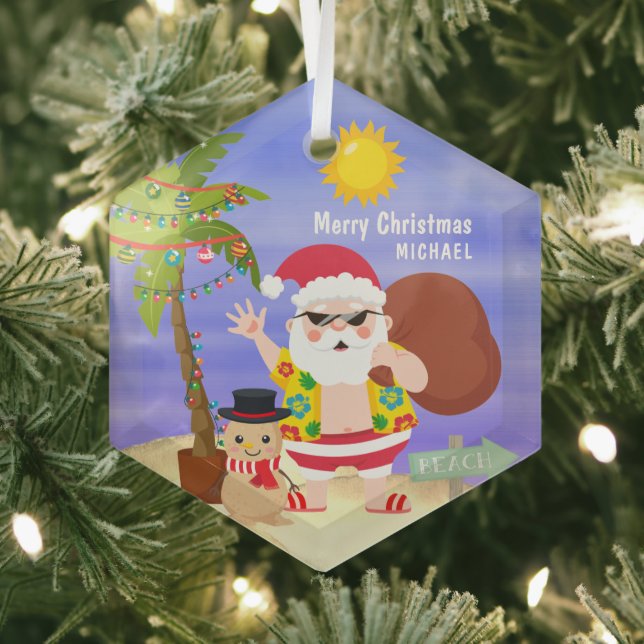 Christmas Summer Santa Beach Holidays Personalised Glass Tree Decoration (Insitu)