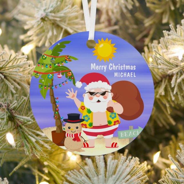 Christmas Summer Santa Beach Holidays Personalised Metal Tree Decoration (Insitu)
