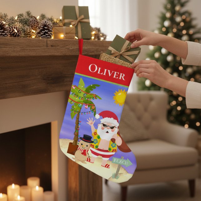 Christmas Summer Santa Beach Holidays Personalised Small Christmas Stocking (Creator Uploaded)