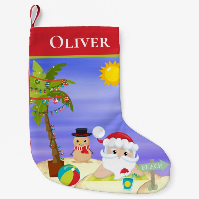 Christmas Summer Santa Beach Kids Personalised Small Christmas Stocking (Front)