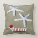 Christmas Summer Starfish Beach Cushion<br><div class="desc">A festive summer beach Christmas design showcasing starfish on the sand with words "Merry Christmas" and Santa hat. Perfect Xmas coastal theme for your festive celebrations and decor.</div>