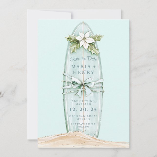Christmas Surfboard | Winter Beach Save the Date (Front)