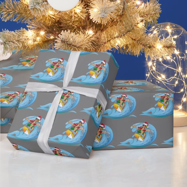 Christmas Surfer on Wave Wrapping Paper (Holidays)