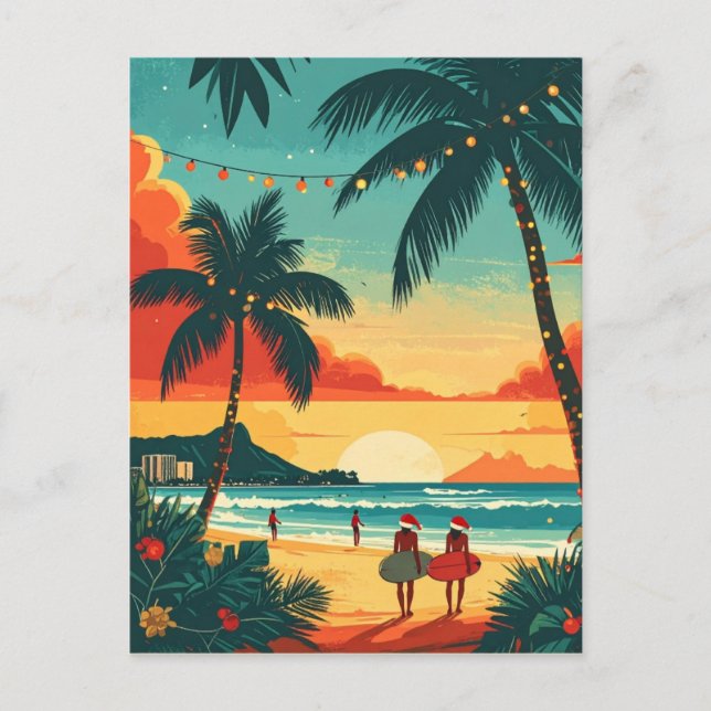 Christmas Surfers Tropical Beach Sunset Postcard (Front)