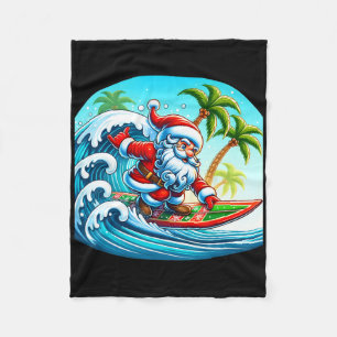Christmas Surfing Santa Beach Surfboard Palms For Fleece Blanket
