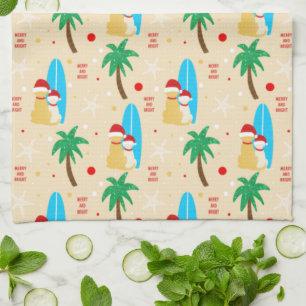 Christmas Surfing Santa Dogs Kitchen Towel