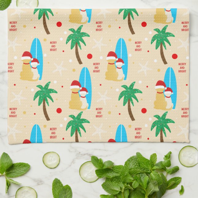 Christmas Surfing Santa Dogs Kitchen Towel (Folded)