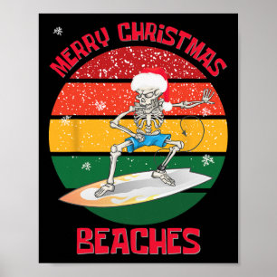 Christmas Surfing Skeleton Merry Christmas Beaches Poster