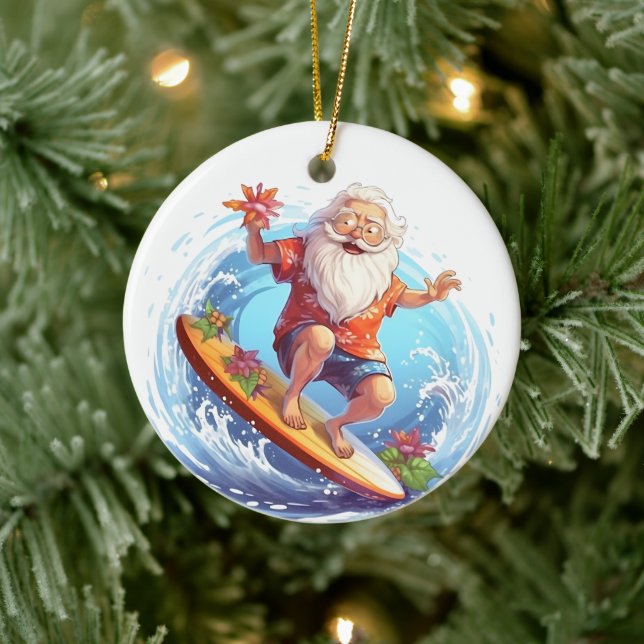 Christmas surfing watercolor Santa add text  Ceramic Ornament (Tree)