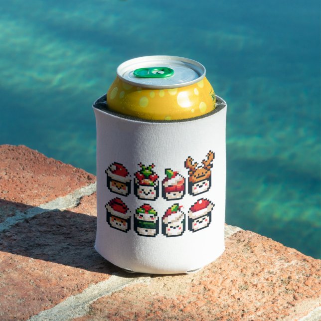 Christmas Sushi Faces - Cute Pixel Art Holiday Can Cooler (In Situ Pool)