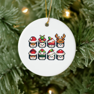Christmas Sushi Faces - Cute Pixel Art Holiday Ceramic Ornament