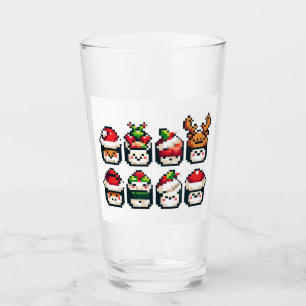 Christmas Sushi Faces - Cute Pixel Art Holiday Glass
