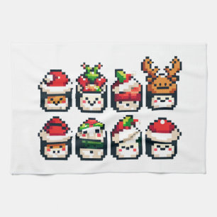 Christmas Sushi Faces - Cute Pixel Art Holiday Tea Towel