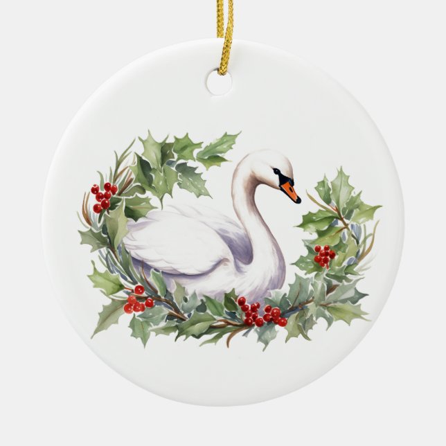 Christmas Swan with Holiday Wreath  Ceramic Ornament (Front)