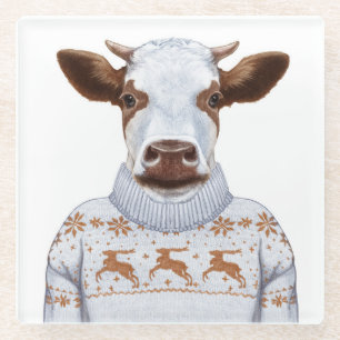 Christmas Sweater Cow Glass Coaster
