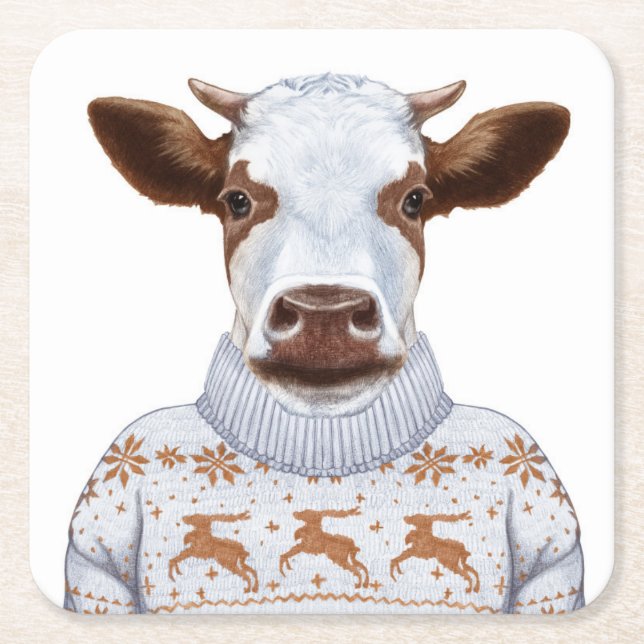 Christmas Sweater Cow Square Paper Coaster (Front)