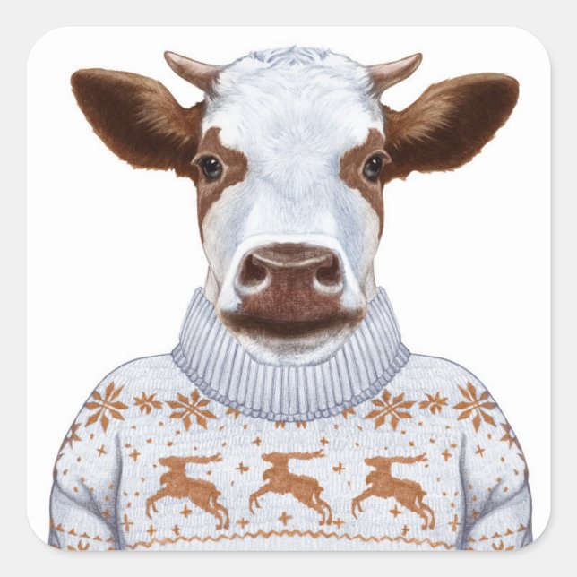 Christmas Sweater Cow Square Sticker (Front)