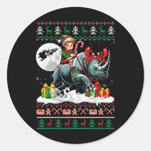 Christmas Sweater Elf Riding Rhino Matching Kids T Classic Round Sticker