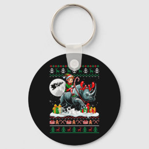 Christmas Sweater Elf Riding Rhino Matching Kids T Key Ring