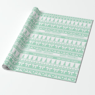 Christmas Sweater Family Name Monogram Mint Green Wrapping Paper