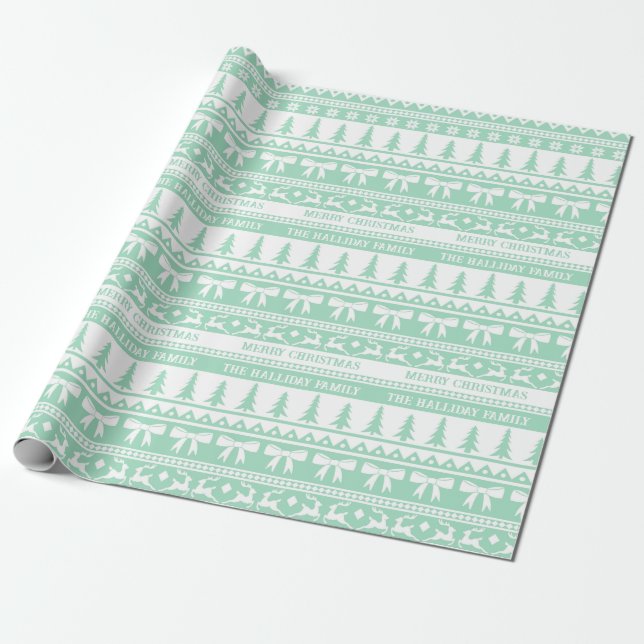 Christmas Sweater Family Name Monogram Mint Green Wrapping Paper (Unrolled)