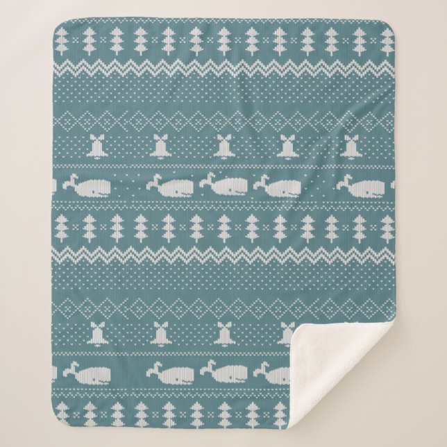 Christmas Sweater Knitted Pattern Whale Rustic Sherpa Blanket (Front)