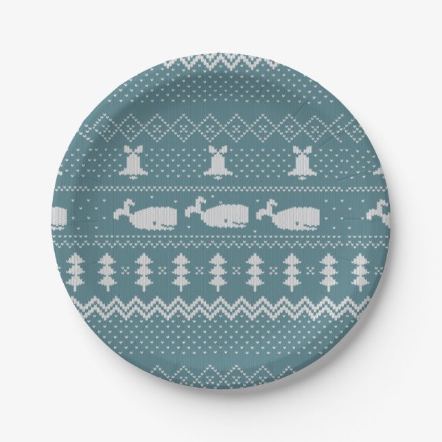 Christmas Sweater Knitted Pattern Whale Scandi   Paper Plate (Front)