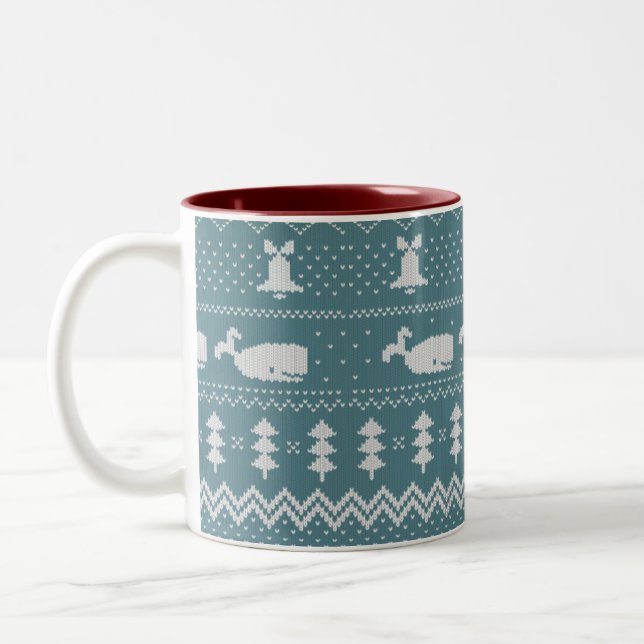 Christmas Sweater Knitted Pattern Whale Winter  Two-Tone Coffee Mug (Left)