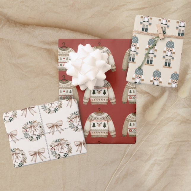 Christmas Sweater Nutcracker Monogram Wrapping Paper Sheet (Creator Uploaded)