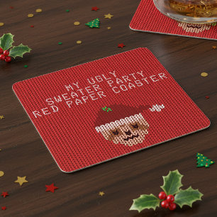 Christmas Sweater Party Red Santa Sloth Holiday Square Paper Coaster