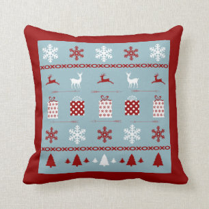 Christmas Sweater Pattern, white, red and blue Cushion
