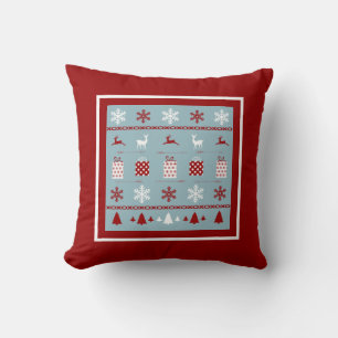 Christmas Sweater Pattern, white, red and blue Cushion