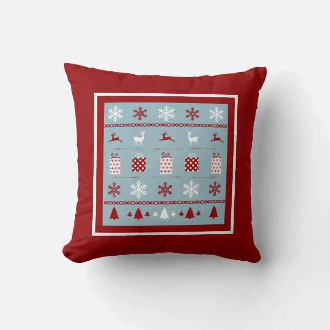 Christmas Sweater Pattern, white, red and blue Cushion (Front)