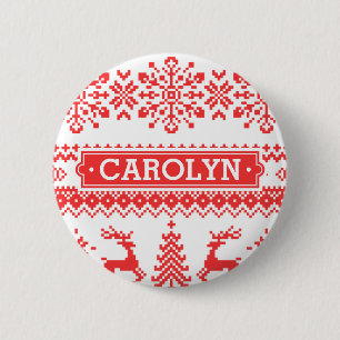Christmas sweater red fair isle pattern monogram 6 cm round badge