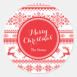 Christmas sweater red fair isle pattern monogram classic round sticker