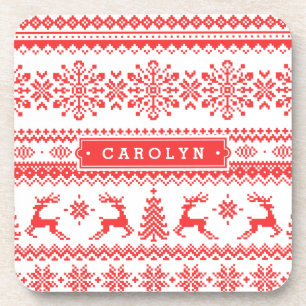 Christmas sweater red fair isle pattern monogram coaster