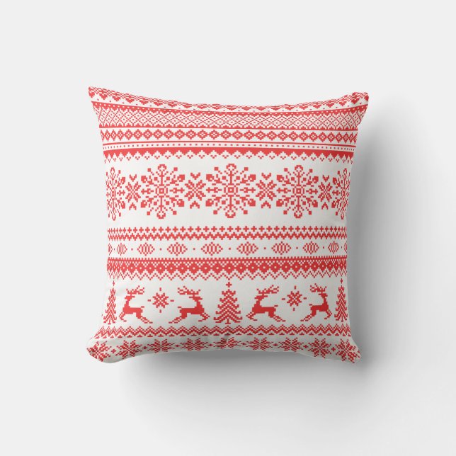 Christmas sweater red fair isle pattern monogram cushion (Front)
