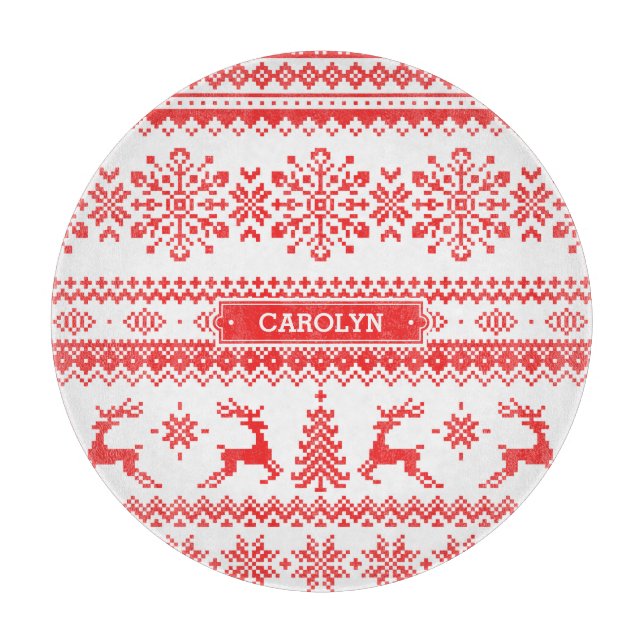 Christmas sweater red fair isle pattern monogram cutting board (Front)
